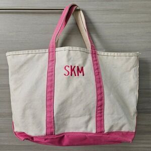 LL Bean Boat & Tote Bag Womens Distress Pink Canvas Monogram SKM Beach Utility